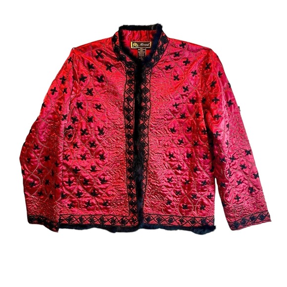 Vtg Red Satin Quilted Jacket Blk Trim L Maximalist Retro Glam Holiday Statement - Picture 4 of 12